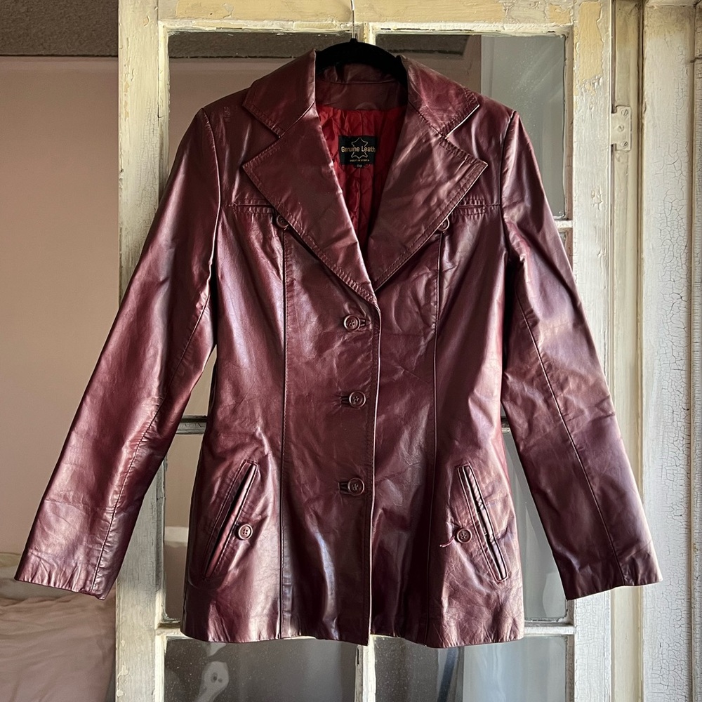 Genuine Leather Maroon Collared Long Sleeve Button Down Leather Blazer Jacket